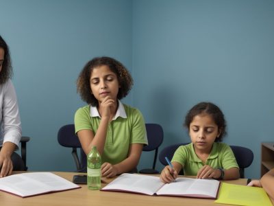 Ambiente de tutoria online com um tutor e alunos de diversas origens interagindo em vídeo, promovendo aprendizado colaborativo.