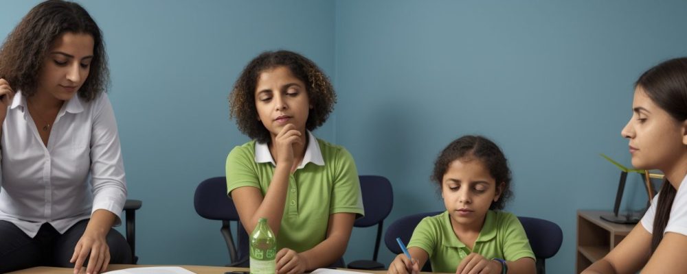 Ambiente de tutoria online com um tutor e alunos de diversas origens interagindo em vídeo, promovendo aprendizado colaborativo.