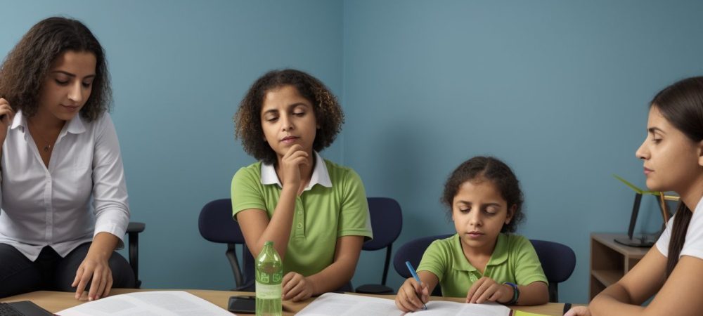 Ambiente de tutoria online com um tutor e alunos de diversas origens interagindo em vídeo, promovendo aprendizado colaborativo.