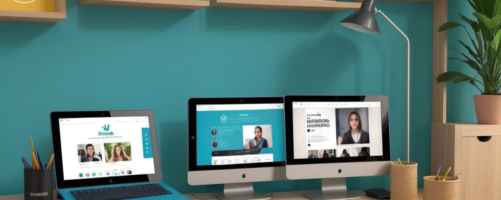 Tutor interagindo com alunos em videoconferência, simbolizando suporte personalizado e tutoria online na educação a distância.