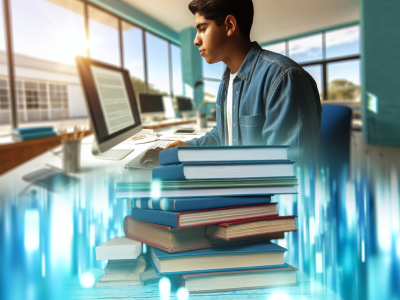 Ambiente de estudo com estudante usando tecnologias digitais, cercado por livros, simbolizando equilíbrio entre leitura e tecnologia.