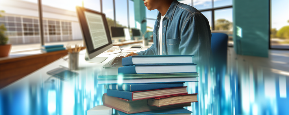 Ambiente de estudo com estudante usando tecnologias digitais, cercado por livros, simbolizando equilíbrio entre leitura e tecnologia.