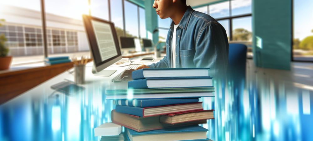 Ambiente de estudo com estudante usando tecnologias digitais, cercado por livros, simbolizando equilíbrio entre leitura e tecnologia.