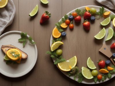 Usuário medindo sua pressão arterial com um aparelho digital em um ambiente acolhedor, cercado por frutas e vegetais frescos.
