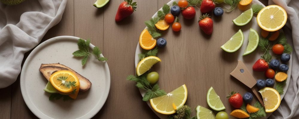 Usuário medindo sua pressão arterial com um aparelho digital em um ambiente acolhedor, cercado por frutas e vegetais frescos.
