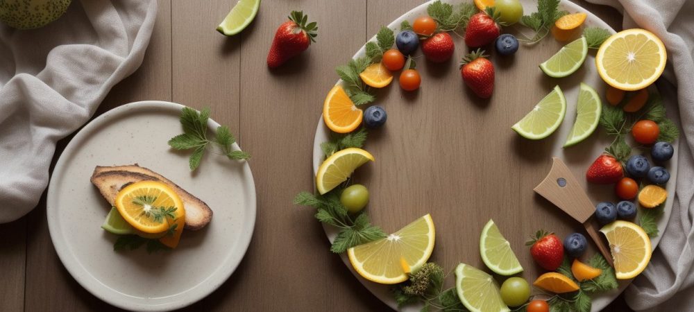 Usuário medindo sua pressão arterial com um aparelho digital em um ambiente acolhedor, cercado por frutas e vegetais frescos.