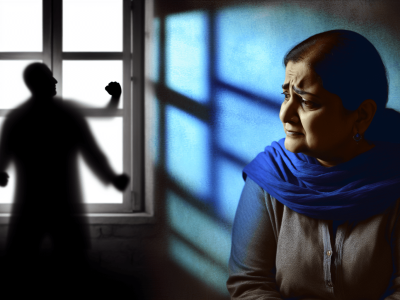 Mulher angustiada em casa, olhando pela janela iluminada, enquanto sombras ameaçadoras simbolizam a violência doméstica.