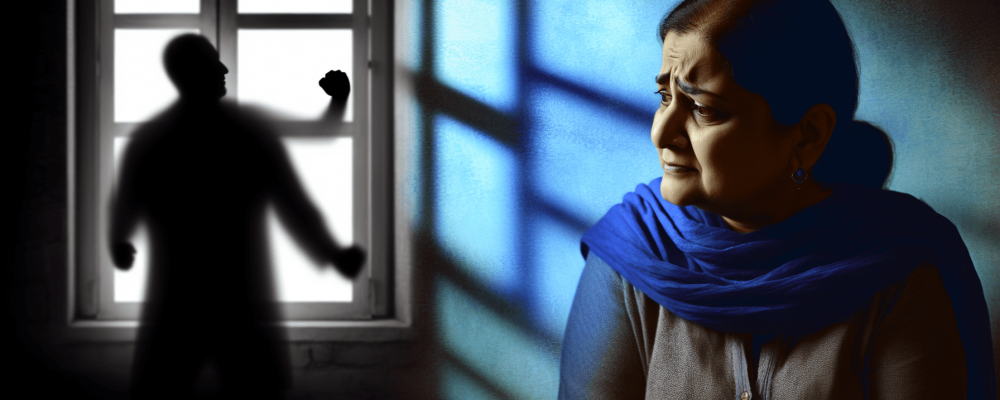 Mulher angustiada em casa, olhando pela janela iluminada, enquanto sombras ameaçadoras simbolizam a violência doméstica.