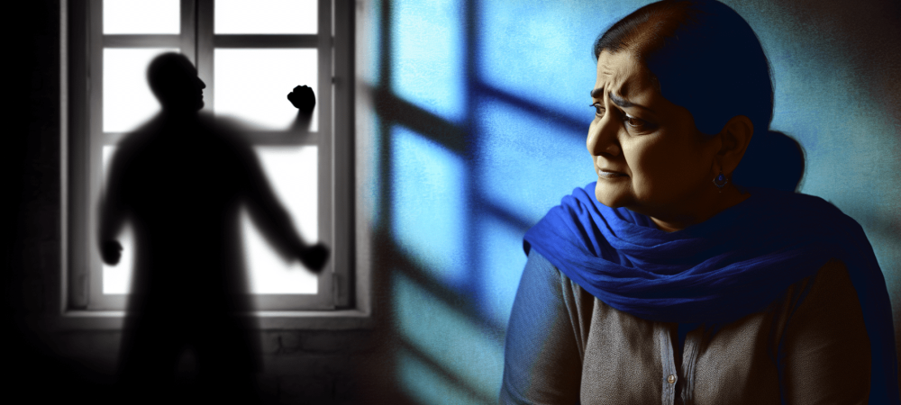 Mulher angustiada em casa, olhando pela janela iluminada, enquanto sombras ameaçadoras simbolizam a violência doméstica.