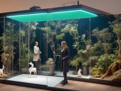 Vitrine de moda com roupas sustentáveis, destacando blazers, acessórios e calçados, refletindo estilo pessoal e elegância.