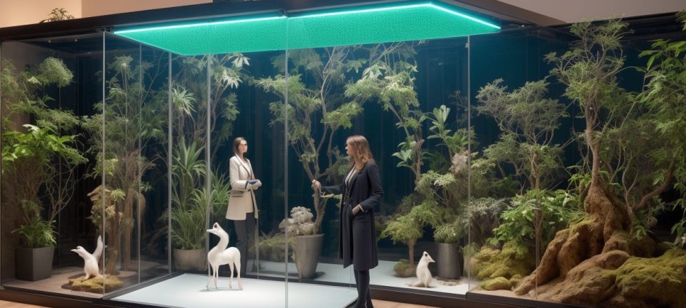 Vitrine de moda com roupas sustentáveis, destacando blazers, acessórios e calçados, refletindo estilo pessoal e elegância.