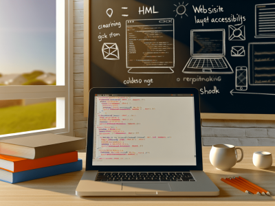 Mesa de trabalho de desenvolvedor web com laptop exibindo código HTML e CSS, anotações e livros de design