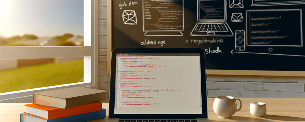 Mesa de trabalho de desenvolvedor web com laptop exibindo código HTML e CSS, anotações e livros de design