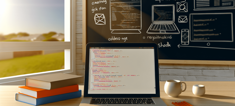 Mesa de trabalho de desenvolvedor web com laptop exibindo código HTML e CSS, anotações e livros de design