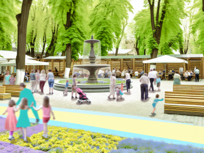Praça pública revitalizada com famílias e crianças, destacando a importância de preservar o patrimônio público.