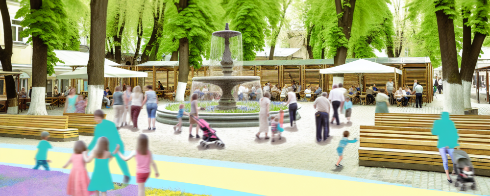 Praça pública revitalizada com famílias e crianças, destacando a importância de preservar o patrimônio público.