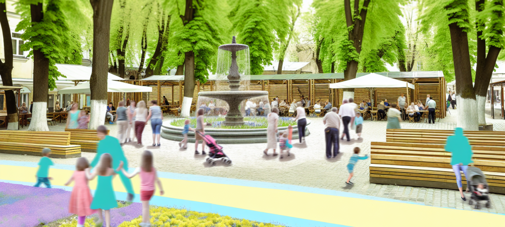 Praça pública revitalizada com famílias e crianças, destacando a importância de preservar o patrimônio público.